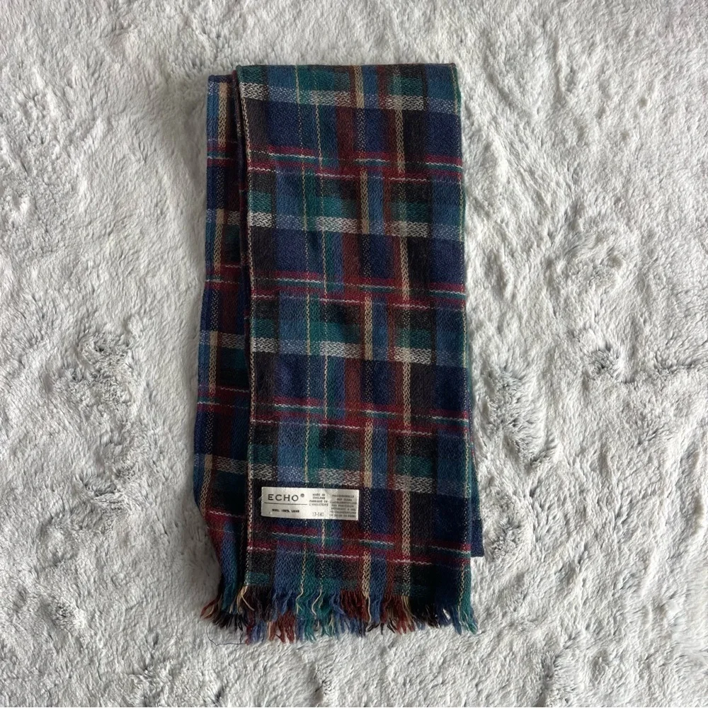 ECHO Woolen Mills Plaid Flannel Wool Scarf Vintage